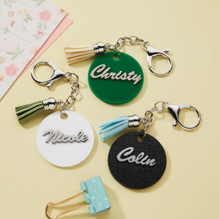 Round Acrylic Keychain with Tassel and Stainless Cut Out Name