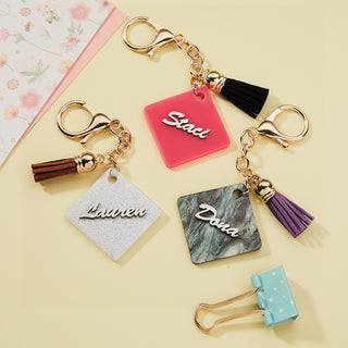 Acrylic Keychain with Stainless Personalized Name and Leather Tassle