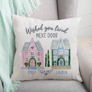Wished You Lived Next Door Pink & Blue Houses Personalized Throw Pillow