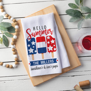 Hello Summer Patriotic Waffle Personalized Tea Towel with Popsicles
