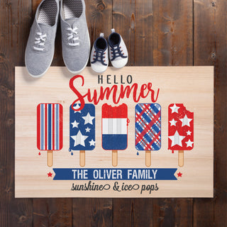 Hello summer doormat with red white and blue popsicles personalized with family name patriotic gift idea