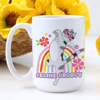 Cute Ceramic Coffee Mug - Feline Groovy with Cat Design personalized with name