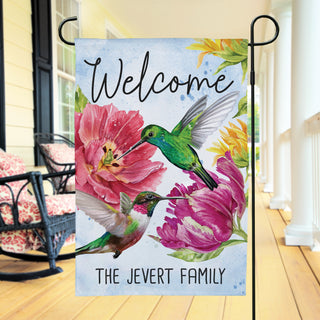 Welcome Yard Garden Flag Personalized with a hummingbird design summertime gift