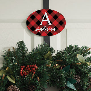 Buffalo Check Name & Initial Wreath Door Hanger