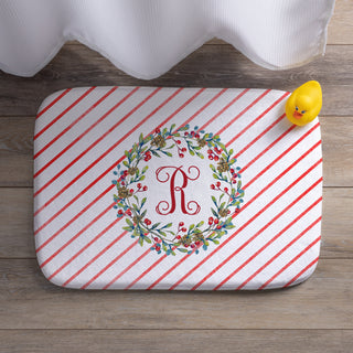 Holiday Floral Wreath Red Script Initial Bath Mat