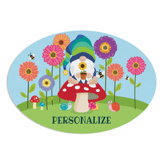 Fun Floral Gnome Oval Metal Plaque