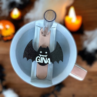 Bat themed halloween beverage tag personalized with name