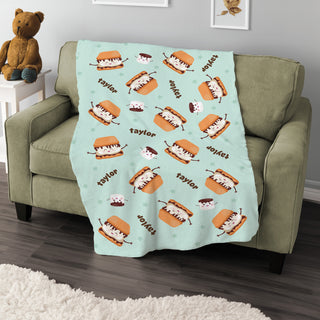 Cute S'Mores Characters Pattern Fuzzy Blanket - Aqua