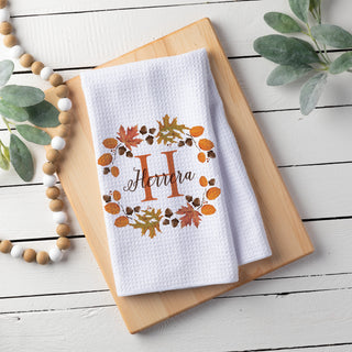 Autumn Wreath Family Name And Initial Waffle Style Tea Towel