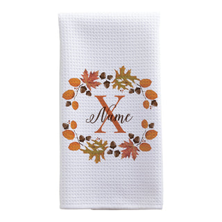 Autumn Wreath Family Name And Initial Waffle Style Tea Towel