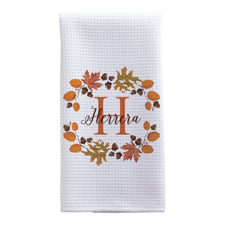 Autumn Wreath Family Name And Initial Waffle Style Tea Towel