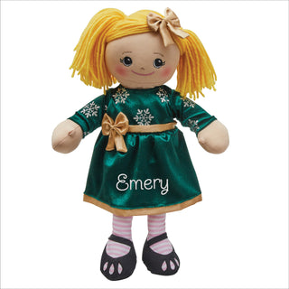 Rag Doll with Dark Green Velvet Snowflake Dress - Blonde Hair
