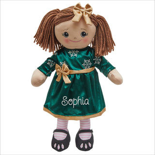 Rag Doll with Dark Green Velvet Snowflake Dress - Brunette Hair
