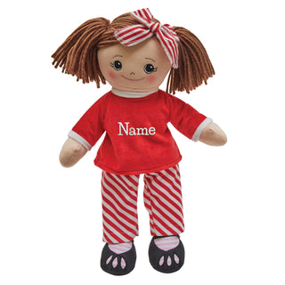 Rag Doll With Red & White Striped PJs - Brunette Hair