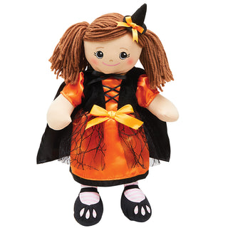 Rag Doll with Orange & Black Halloween Witch Dress - Brunette Hair