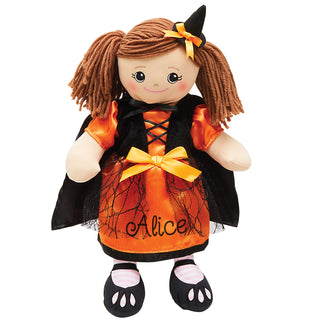 Rag Doll with Orange & Black Halloween Witch Dress - Brunette Hair