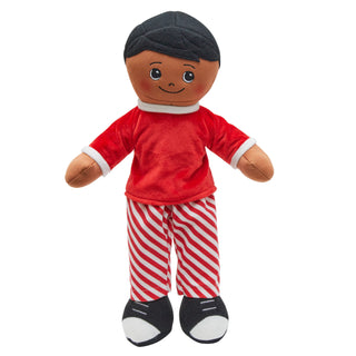African American Boy Rag Doll with Red & White Striped PJs