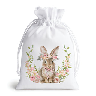 Pink Floral Easter Bunny White Drawstring Gift Pouch
