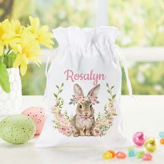 Pink Floral Easter Bunny White Drawstring Gift Pouch