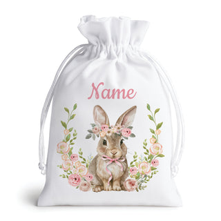 Pink Floral Easter Bunny White Drawstring Gift Pouch