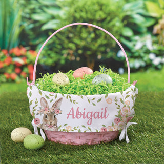 Floral Bunny Pink Easter Basket With Liner