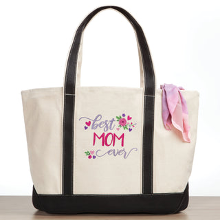 Best Ever Floral Embroidered Canvas Tote Bag - Black Handle