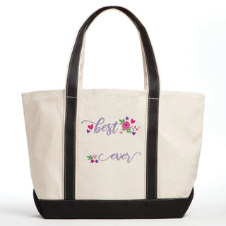 Best Ever Floral Embroidered Canvas Tote Bag - Black Handle
