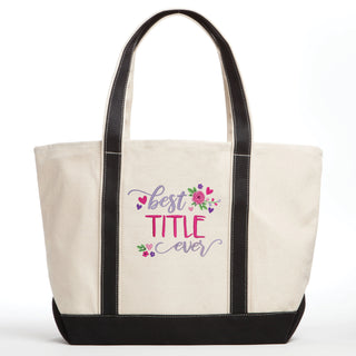 Best Ever Floral Embroidered Canvas Tote Bag - Black Handle