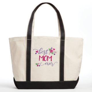Best Ever Floral Embroidered Canvas Tote Bag - Black Handle