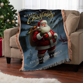 Merry Christmas Santa with Bag of Toys Fringe Throw Blanket