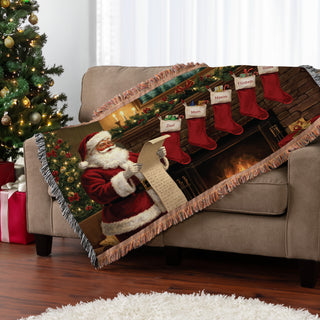 Santa with List and Stockings Fringe Throw Blanket