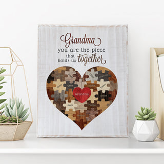 Grandma Puzzle Heart White Wash Wood Plaque 9x11