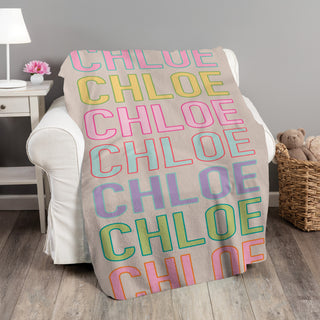 Pastel Name Pattern on Tan Fuzzy Throw Blanket