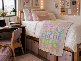 Pastel Name Pattern on Tan Fuzzy Throw Blanket