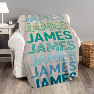 Blue & Green Name Pattern on Tan Fuzzy Throw Blanket