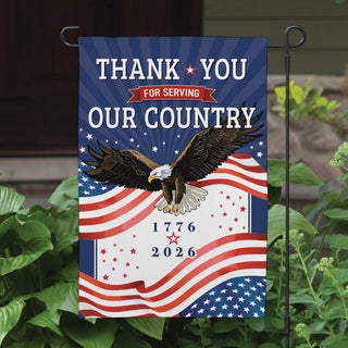 Patriotic garden flag featuring a soaring bald eagle with an American flag background, 250 years Anniversary of our country and veterans.