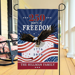 Patriotic garden flag featuring a soaring bald eagle with an American flag background, personalized with family name and the phrase “250 Years of Freedom.”