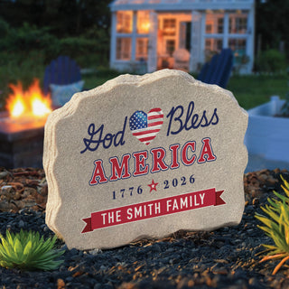 Standing garden stone with patriotic design with 1776-2026 tribute, honoring America and faith.Customizable family name.