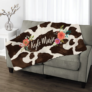 Floral Cow Hide Pattern Fuzzy Throw Blanket