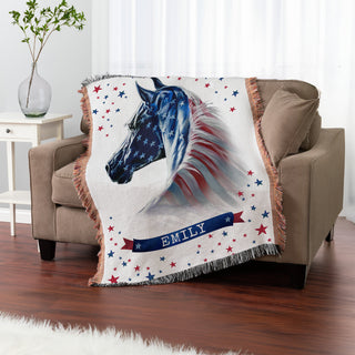 Stars & Stripes Patriotic Horse Fringe Throw Blanket