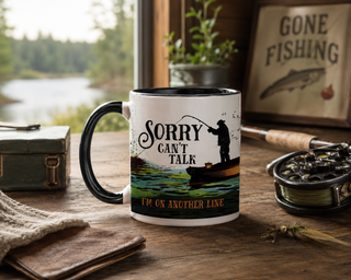 Sorry, Can't Talk Fishing Mug with Black Rim and Handle - 11 oz