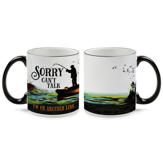 Sorry, Can't Talk Fishing Mug with Black Rim and Handle - 11 oz