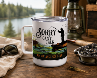 Sorry, Can't Talk White Metal Travel Mug with Cap 10oz