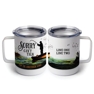 Sorry, Can't Talk White Metal Travel Mug with Cap 10oz
