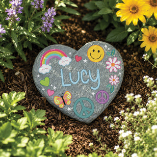 4" Heart Garden Stone decorated with peace signs and rainbows
