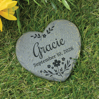 Personalized Floral Name and Date Heart 4" Garden Stone
