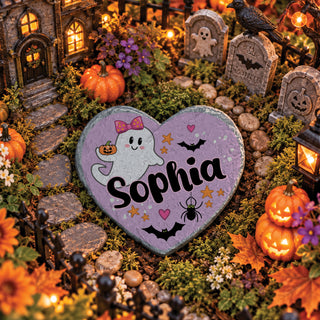 Personalized Cute Ghost Halloween Heart 4" Garden Stone