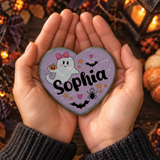 Personalized Cute Ghost Halloween Heart 4" Garden Stone