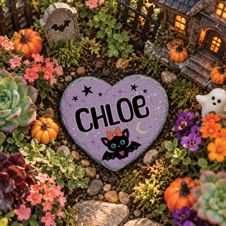 Personalized Spooky Black Bat Halloween Heart 4" Garden Stone
