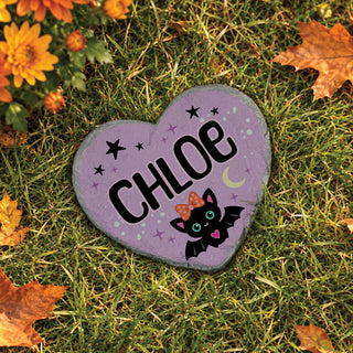 Personalized Spooky Black Bat Halloween Heart 4" Garden Stone